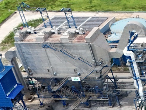 Drone photograph of the actual ESP with silver cladding and blue steelwork